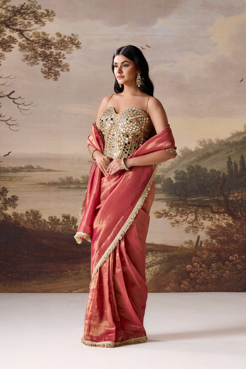 Fuchsia Embellished Corset & Stitched Saree Set