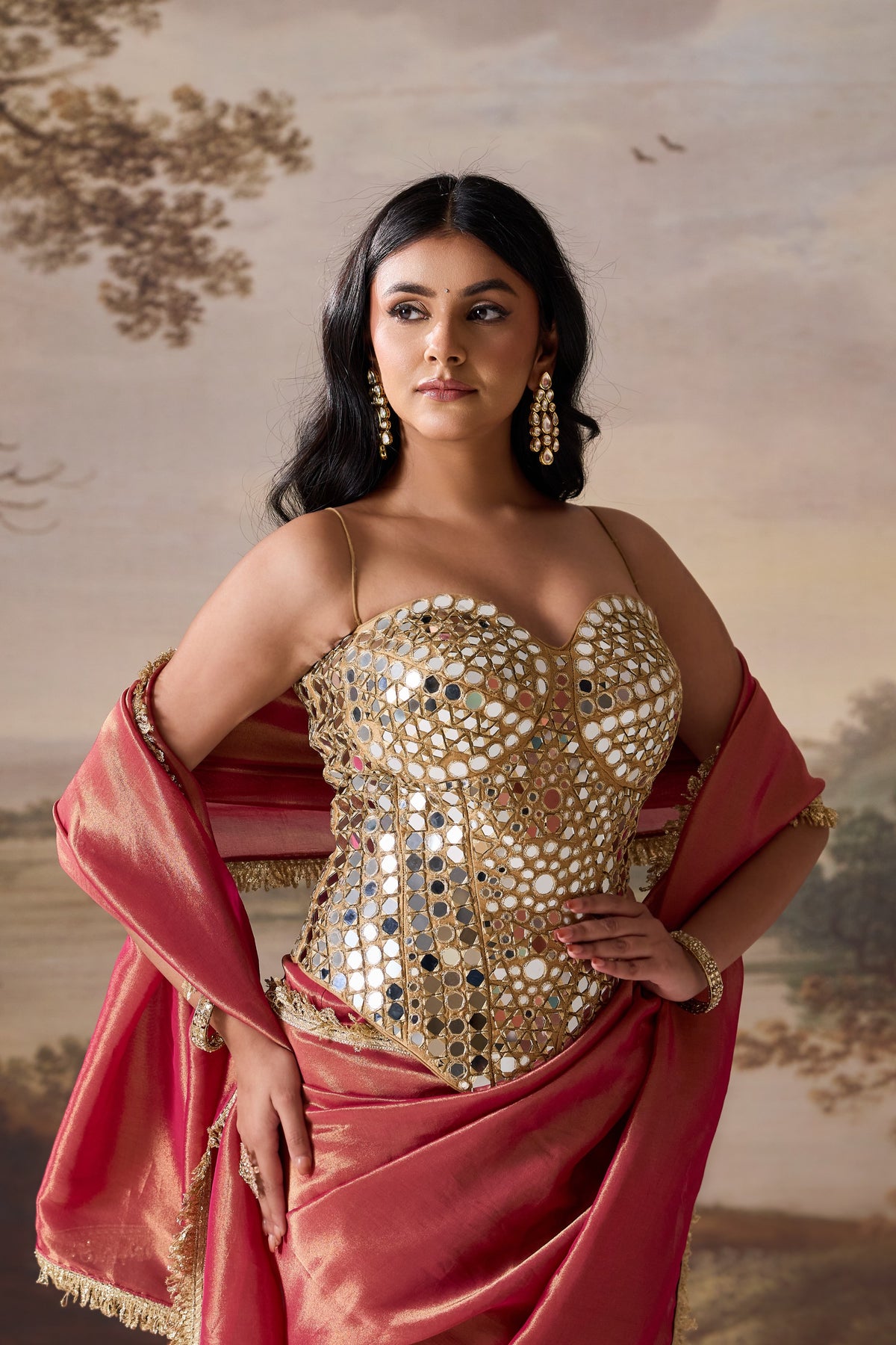 Fuchsia Embellished Corset & Stitched Saree Set