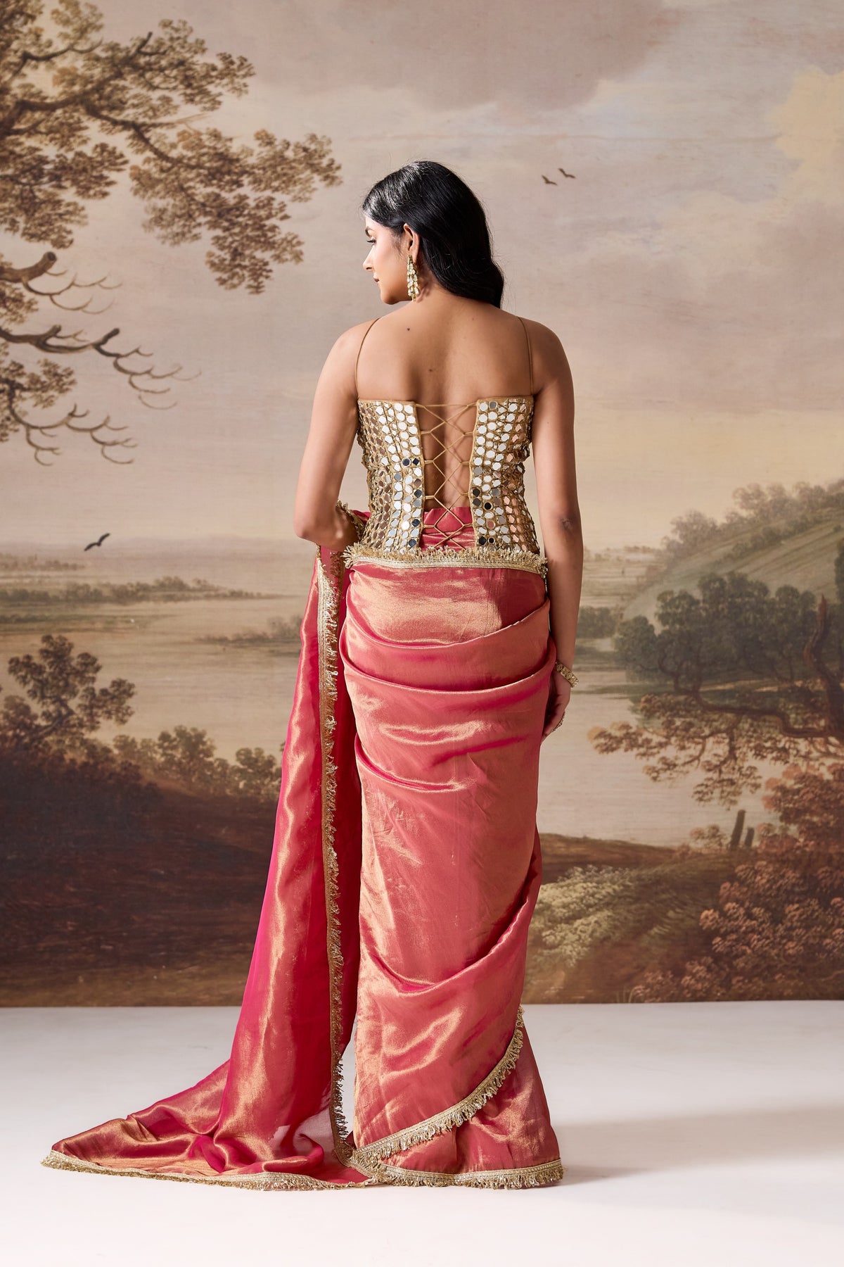 Fuchsia Embellished Corset & Stitched Saree Set