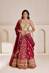 Gold Embellished Corset & Maroon Banarasi Lehenga Set