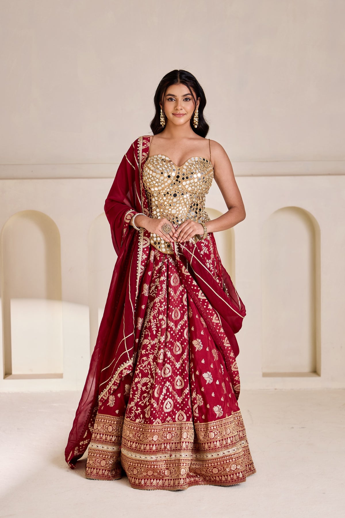 Gold Embellished Corset & Maroon Banarasi Lehenga Set