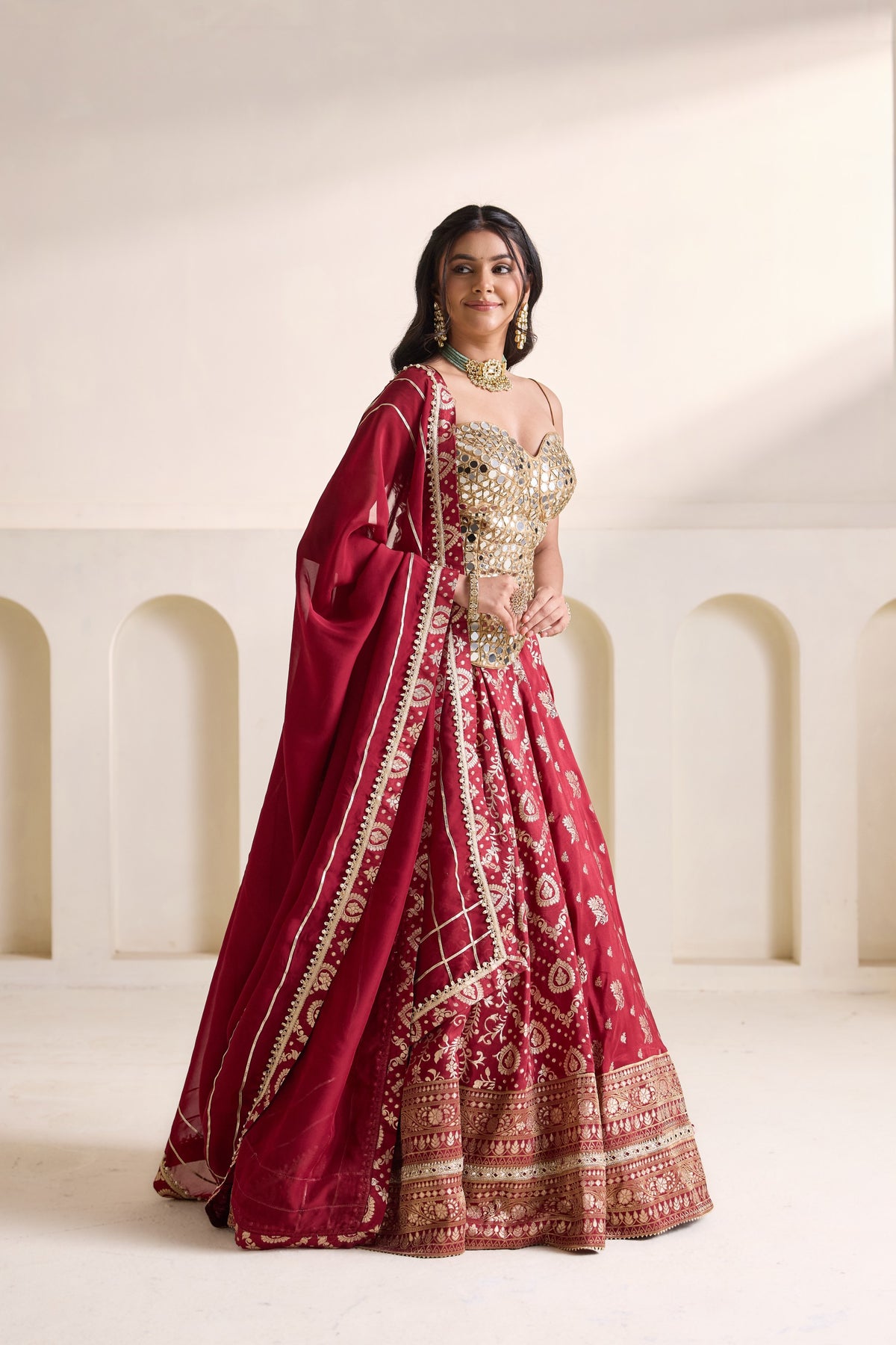 Gold Embellished Corset & Maroon Banarasi Lehenga Set