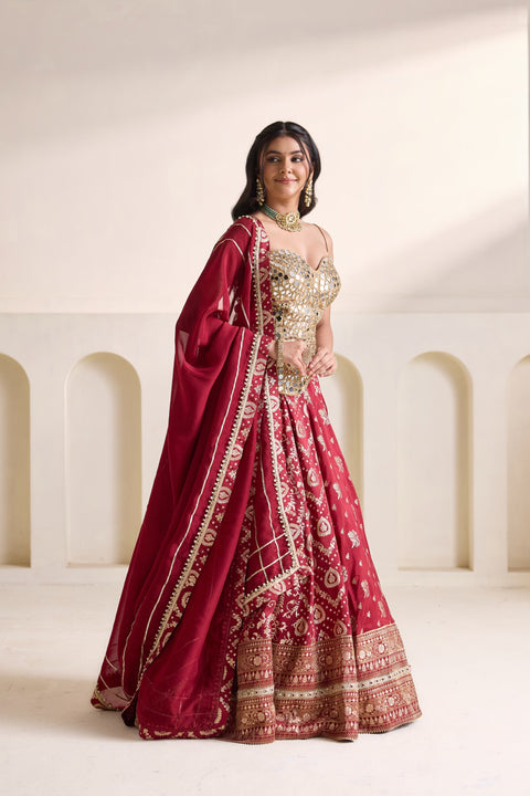 Gold Embellished Corset & Maroon Banarasi Lehenga Set