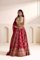 Gold Embellished Corset & Maroon Banarasi Lehenga Set