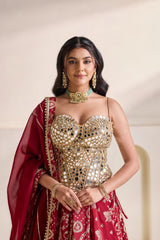 Gold Embellished Corset & Maroon Banarasi Lehenga Set