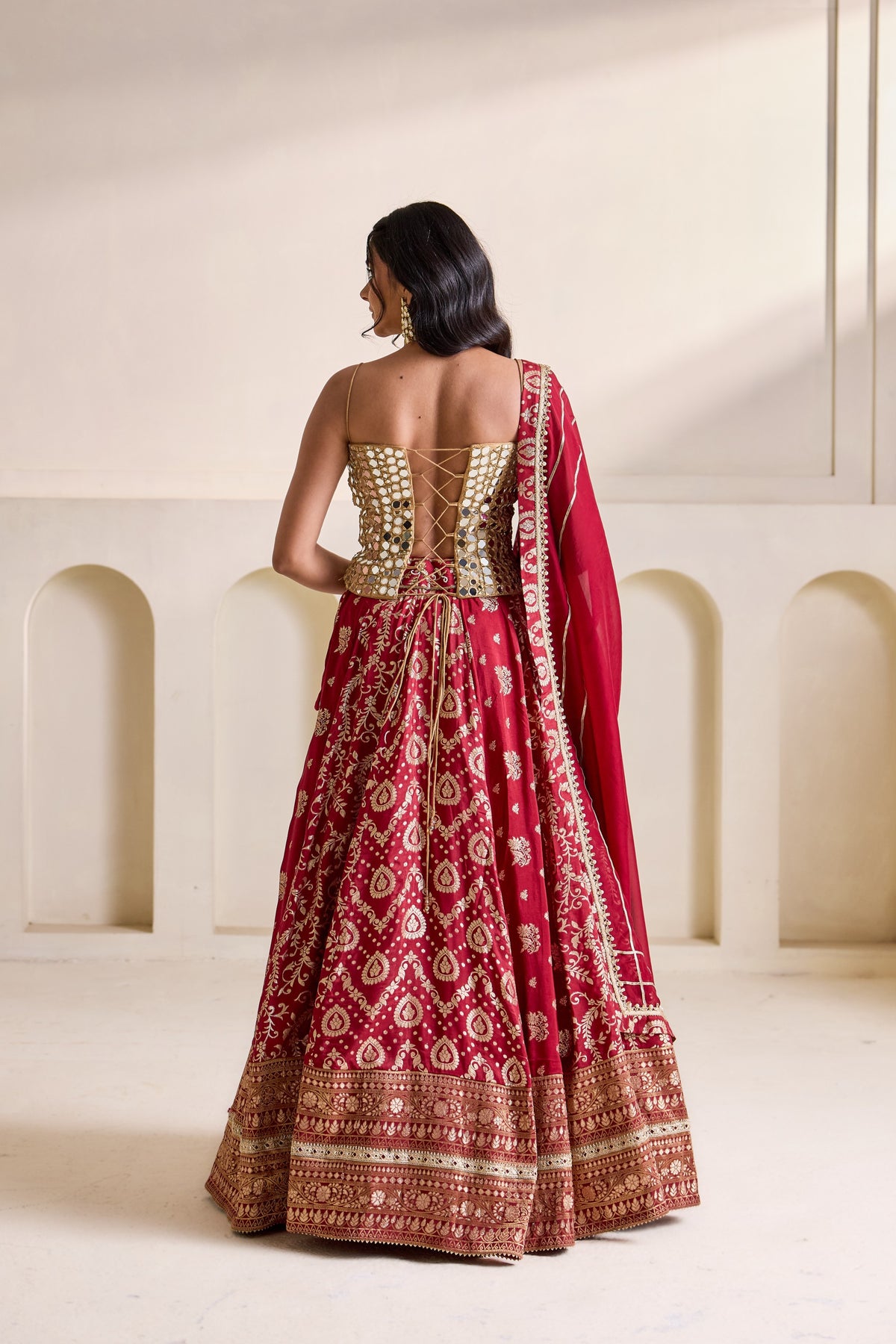 Gold Embellished Corset & Maroon Banarasi Lehenga Set