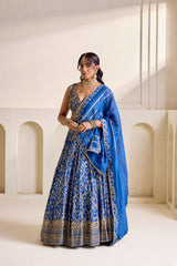 Deep Blue Embellished Blouse & Banarasi Brocade Lehenga Set