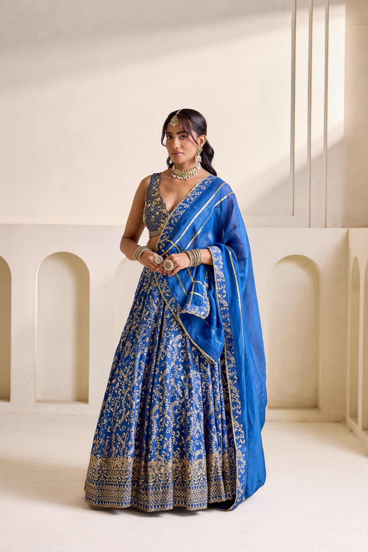 Deep Blue Embellished Blouse & Banarasi Brocade Lehenga Set