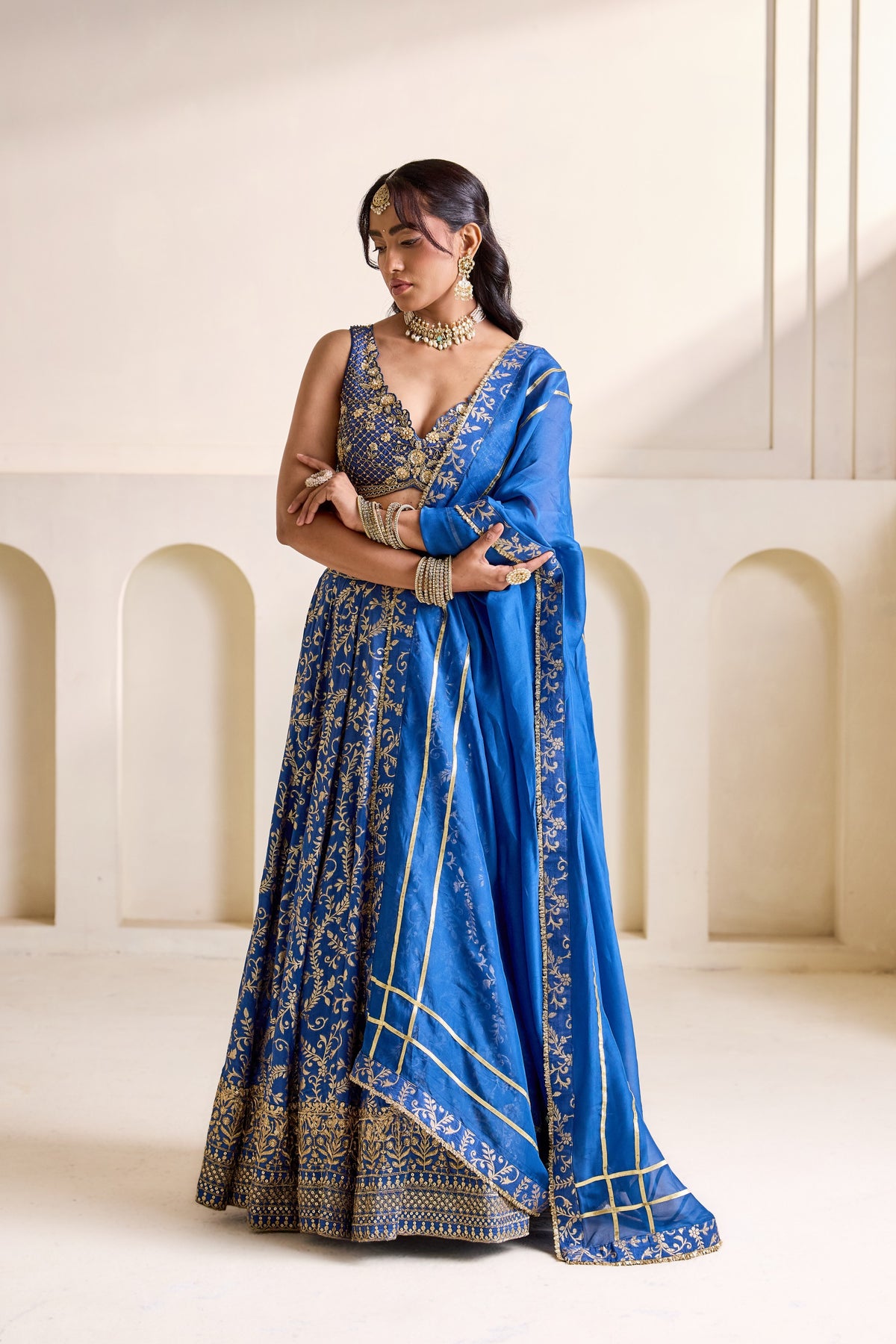 Deep Blue Embellished Blouse & Banarasi Brocade Lehenga Set