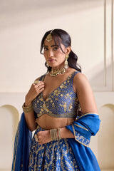 Deep Blue Embellished Blouse & Banarasi Brocade Lehenga Set