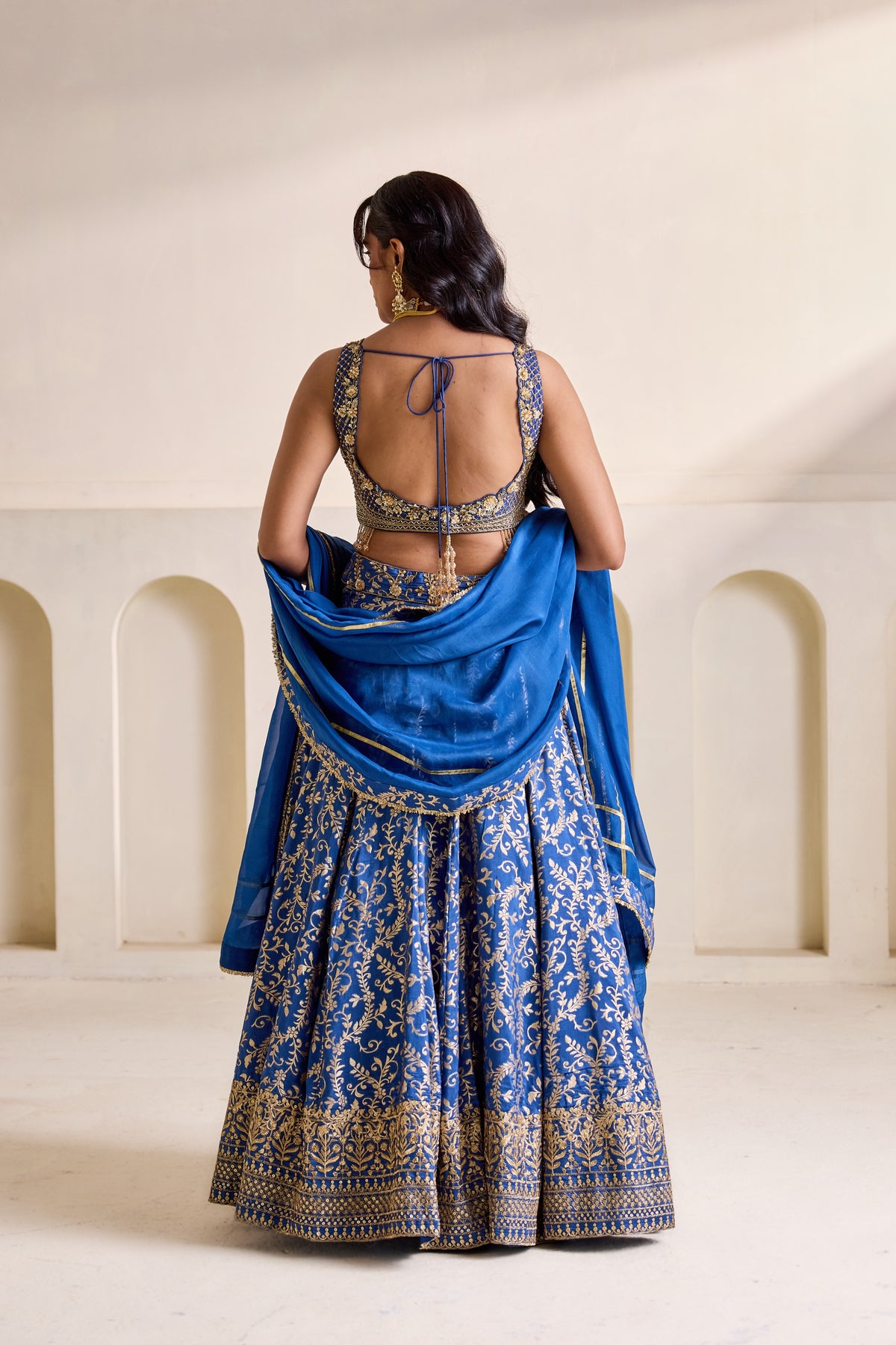 Deep Blue Embellished Blouse & Banarasi Brocade Lehenga Set
