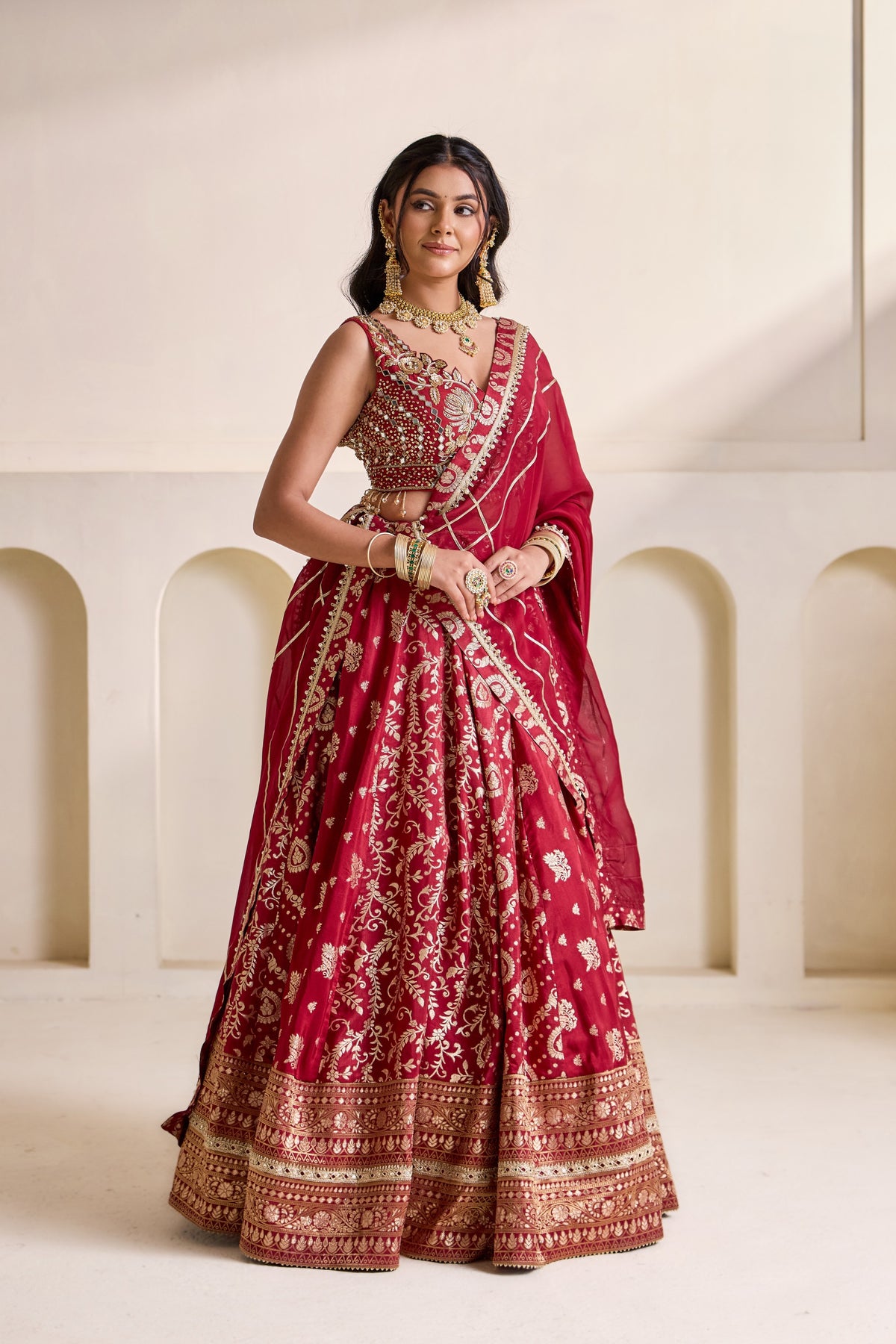Maroon Embellished Blouse & Banarasi Lehenga Set