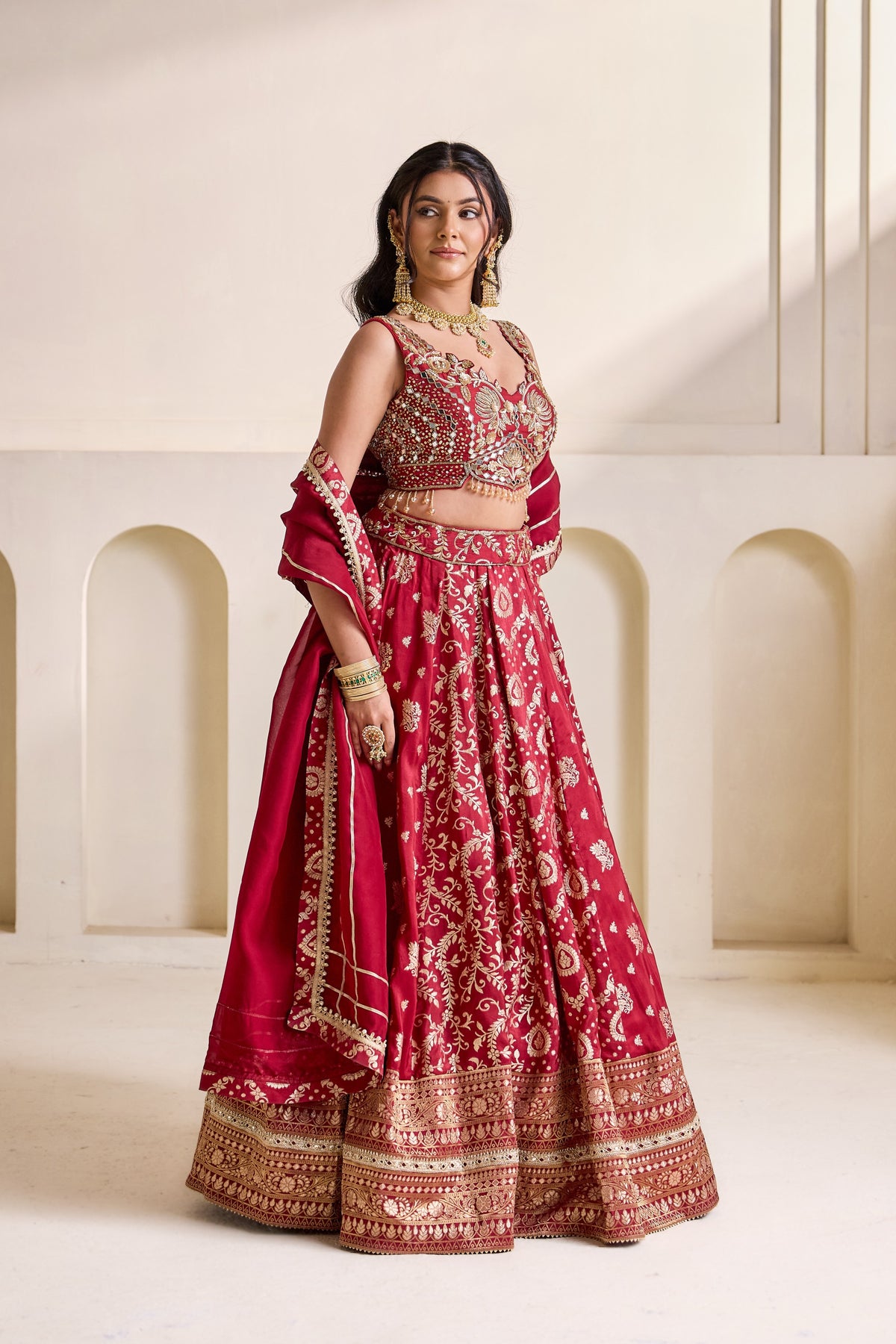 Maroon Embellished Blouse & Banarasi Lehenga Set