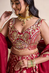 Maroon Embellished Blouse & Banarasi Lehenga Set
