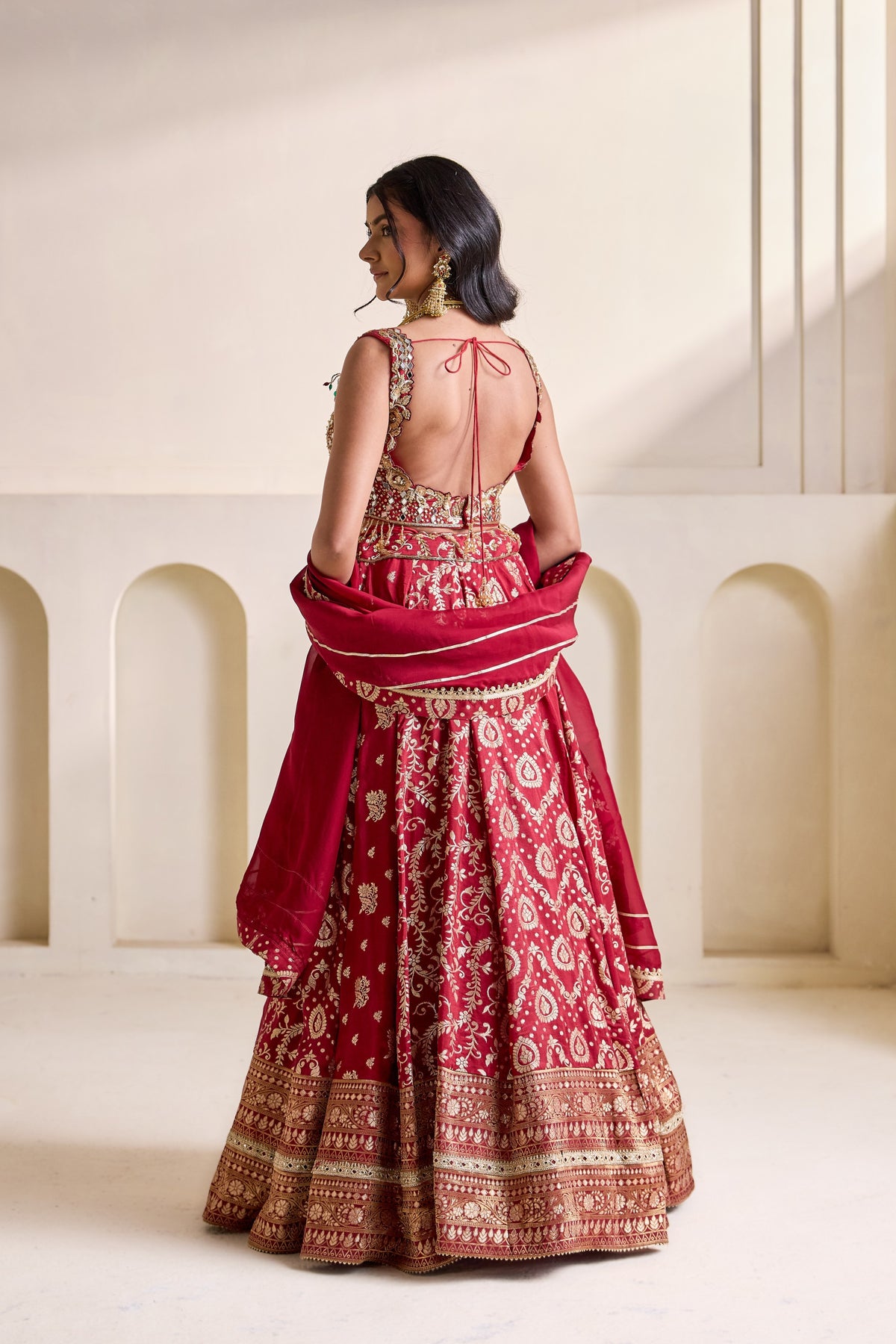 Maroon Embellished Blouse & Banarasi Lehenga Set