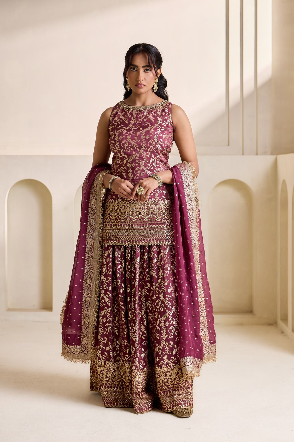 Wine Embroidered Banarasi Kurti & Sharara Set