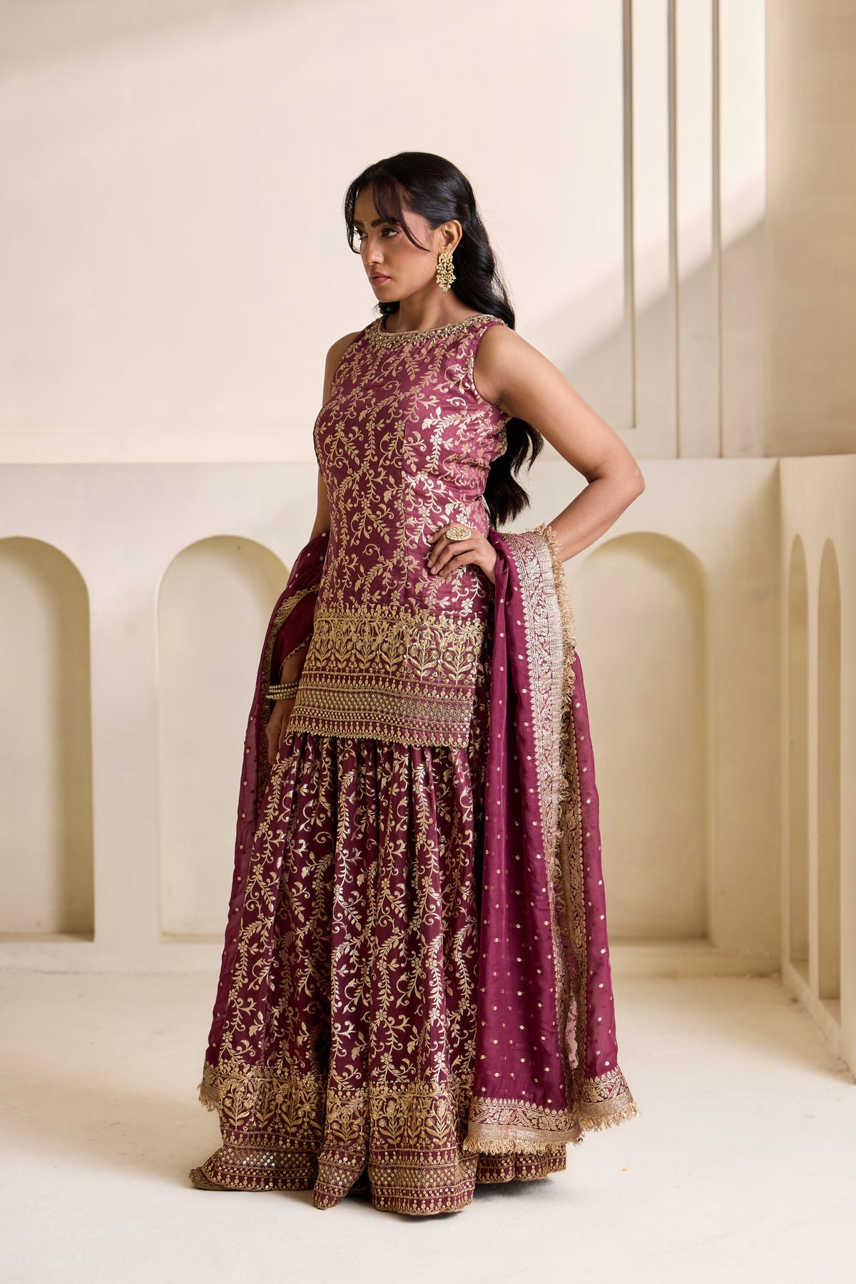 Wine Embroidered Banarasi Kurti & Sharara Set