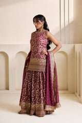 Wine Embroidered Banarasi Kurti & Sharara Set