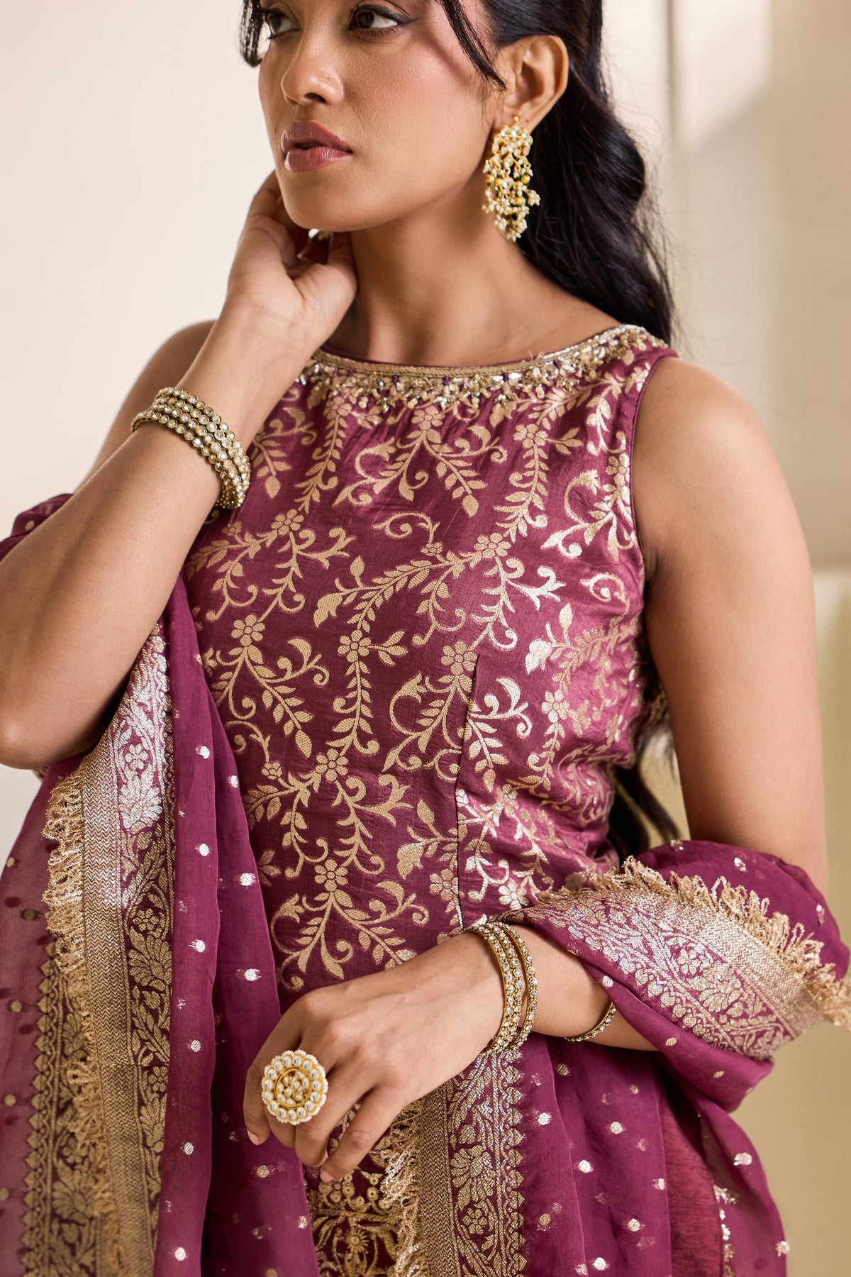 Wine Embroidered Banarasi Kurti & Sharara Set
