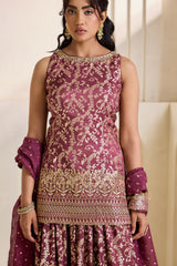 Wine Embroidered Banarasi Kurti & Sharara Set