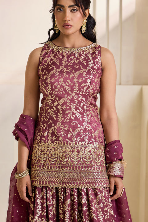 Wine Embroidered Banarasi Kurti & Sharara Set