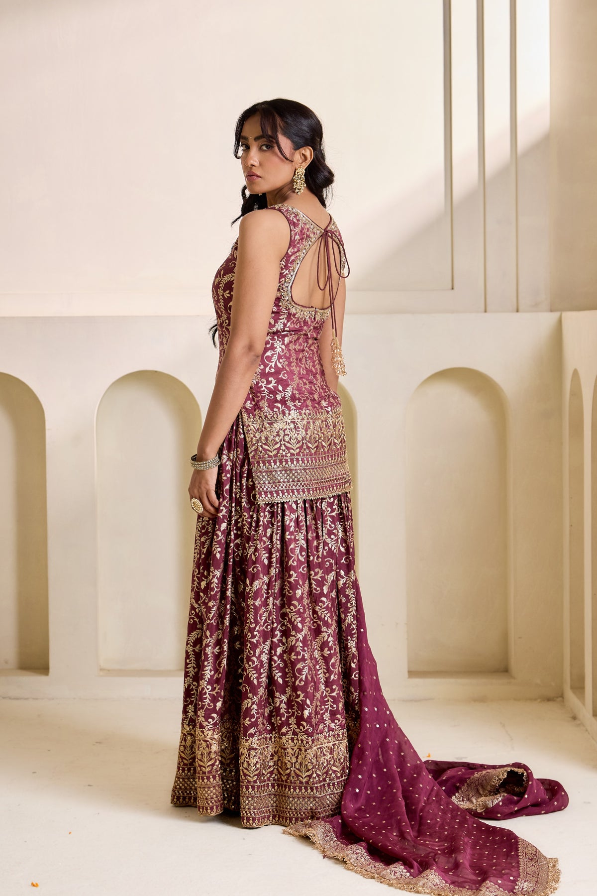 Wine Embroidered Banarasi Kurti & Sharara Set