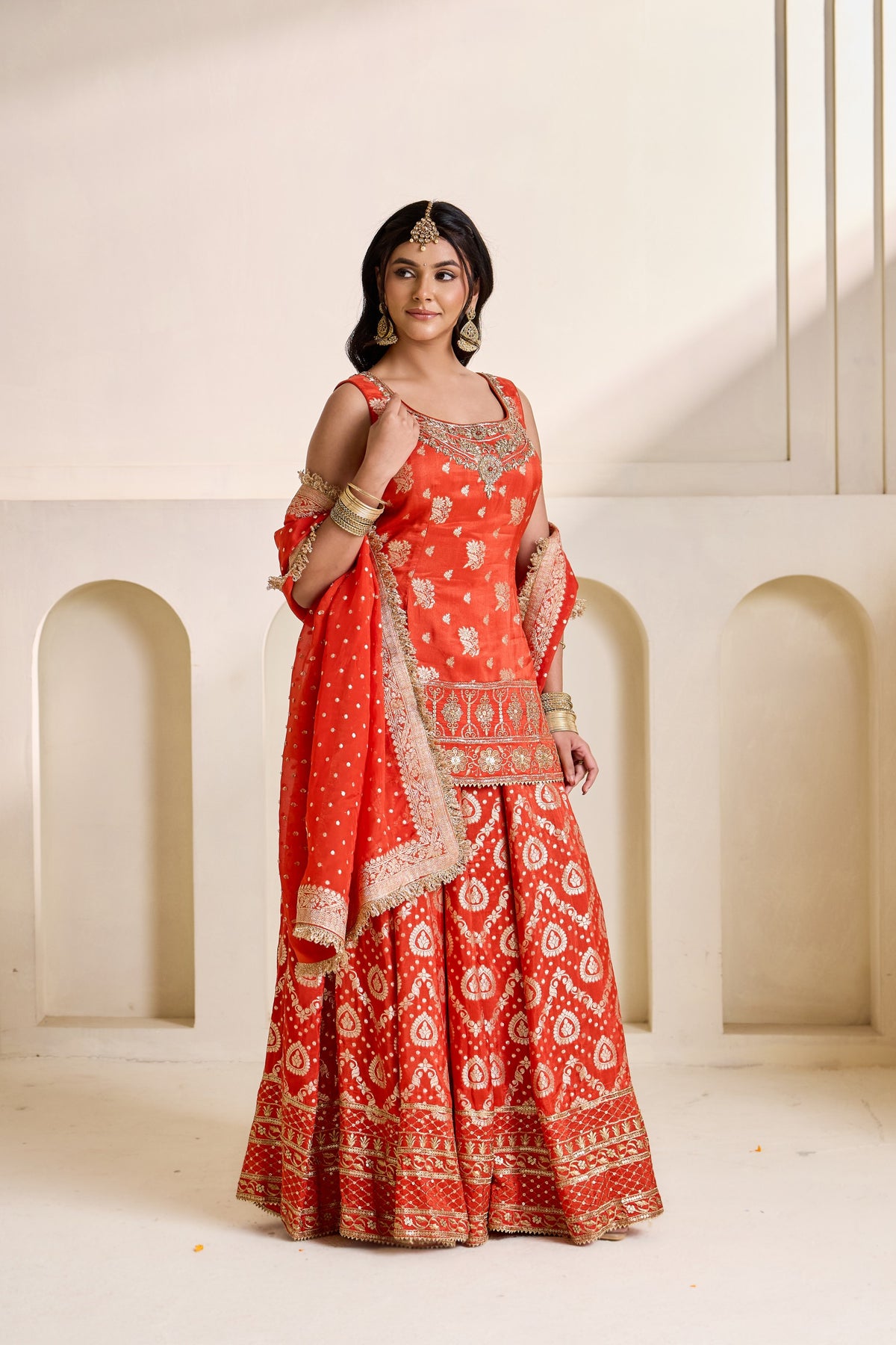 Rust Orange Embroidered Banarasi Kurti & Sharara Set