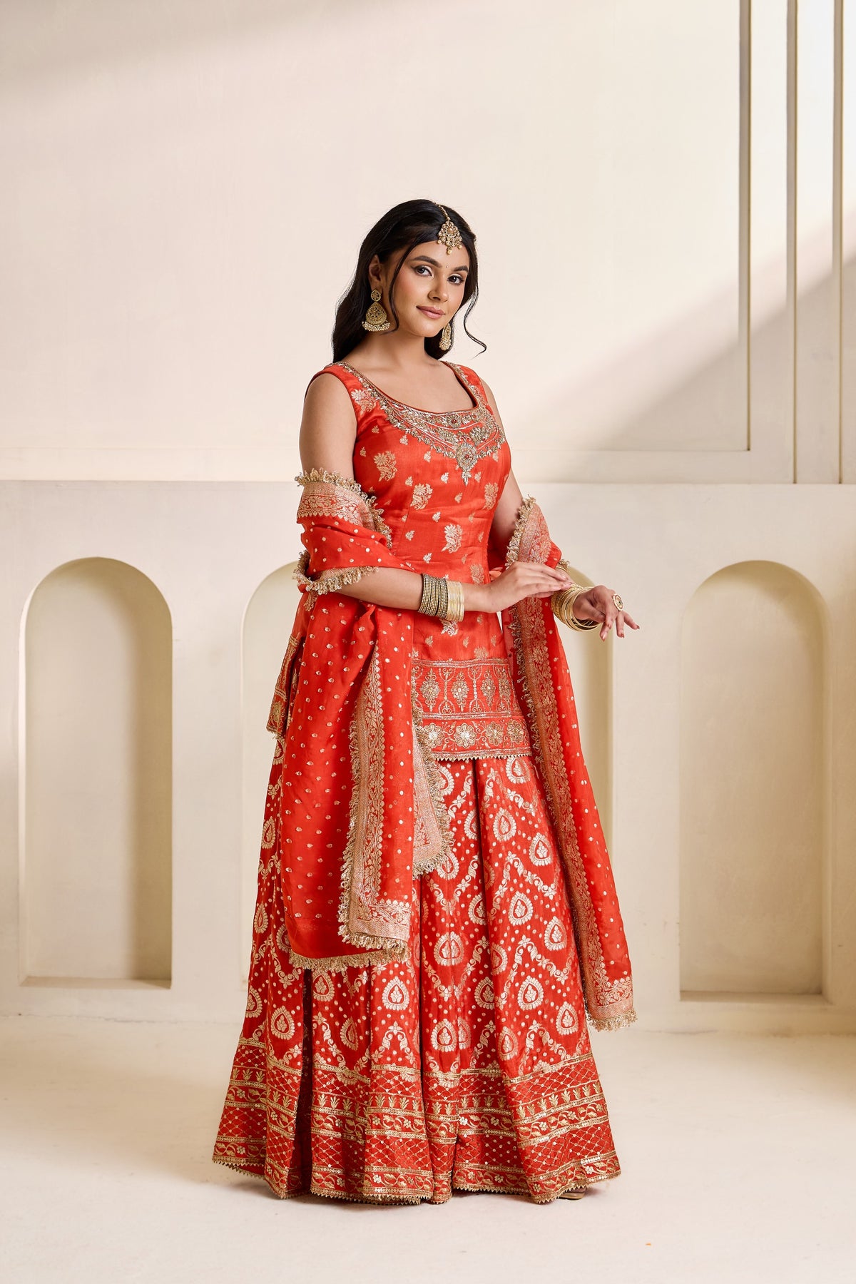 Rust Orange Embroidered Banarasi Kurti & Sharara Set