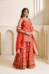 Rust Orange Embroidered Banarasi Kurti & Sharara Set