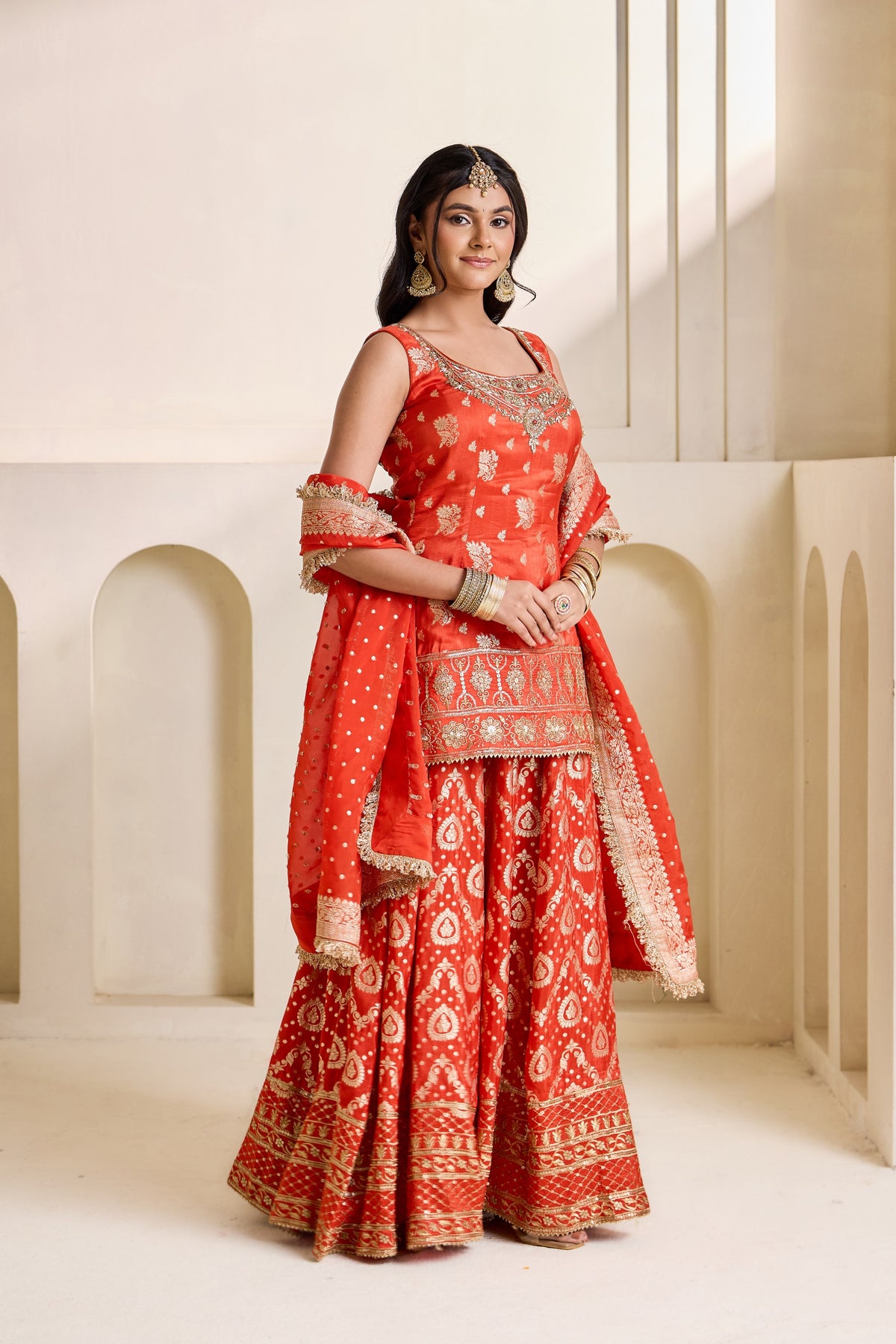 Rust Orange Embroidered Banarasi Kurti & Sharara Set