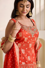 Rust Orange Embroidered Banarasi Kurti & Sharara Set