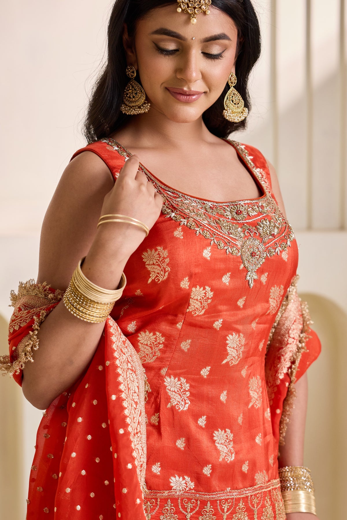 Rust Orange Embroidered Banarasi Kurti & Sharara Set