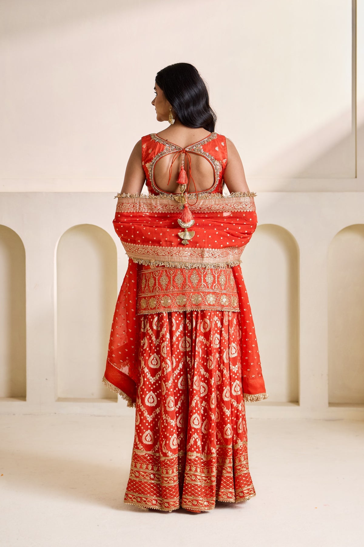 Rust Orange Embroidered Banarasi Kurti & Sharara Set
