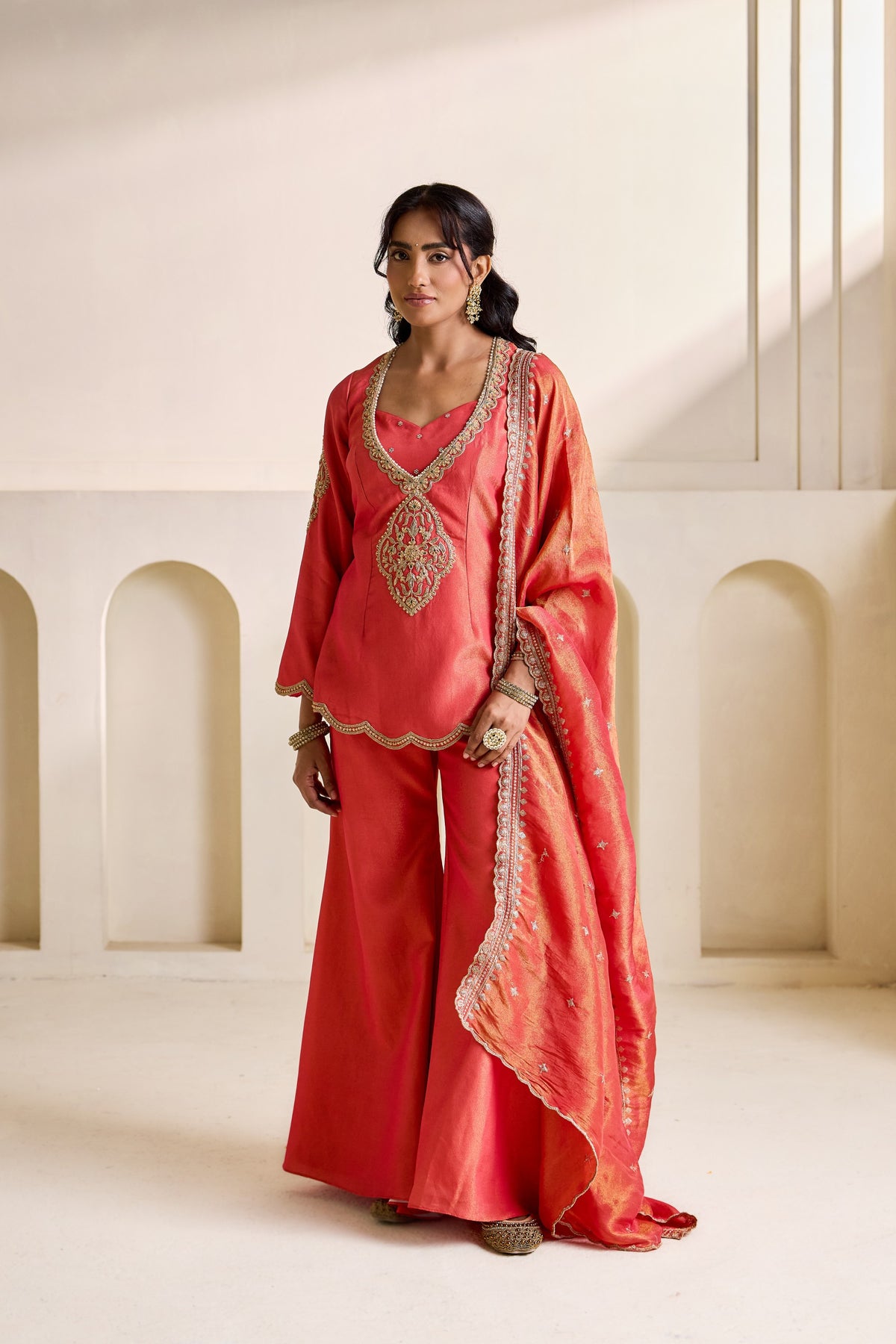 Orange Embroidered Cosmos Kurti, Bustier & Flare Plazo Set