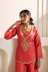 Orange Embroidered Cosmos Kurti, Bustier & Flare Plazo Set