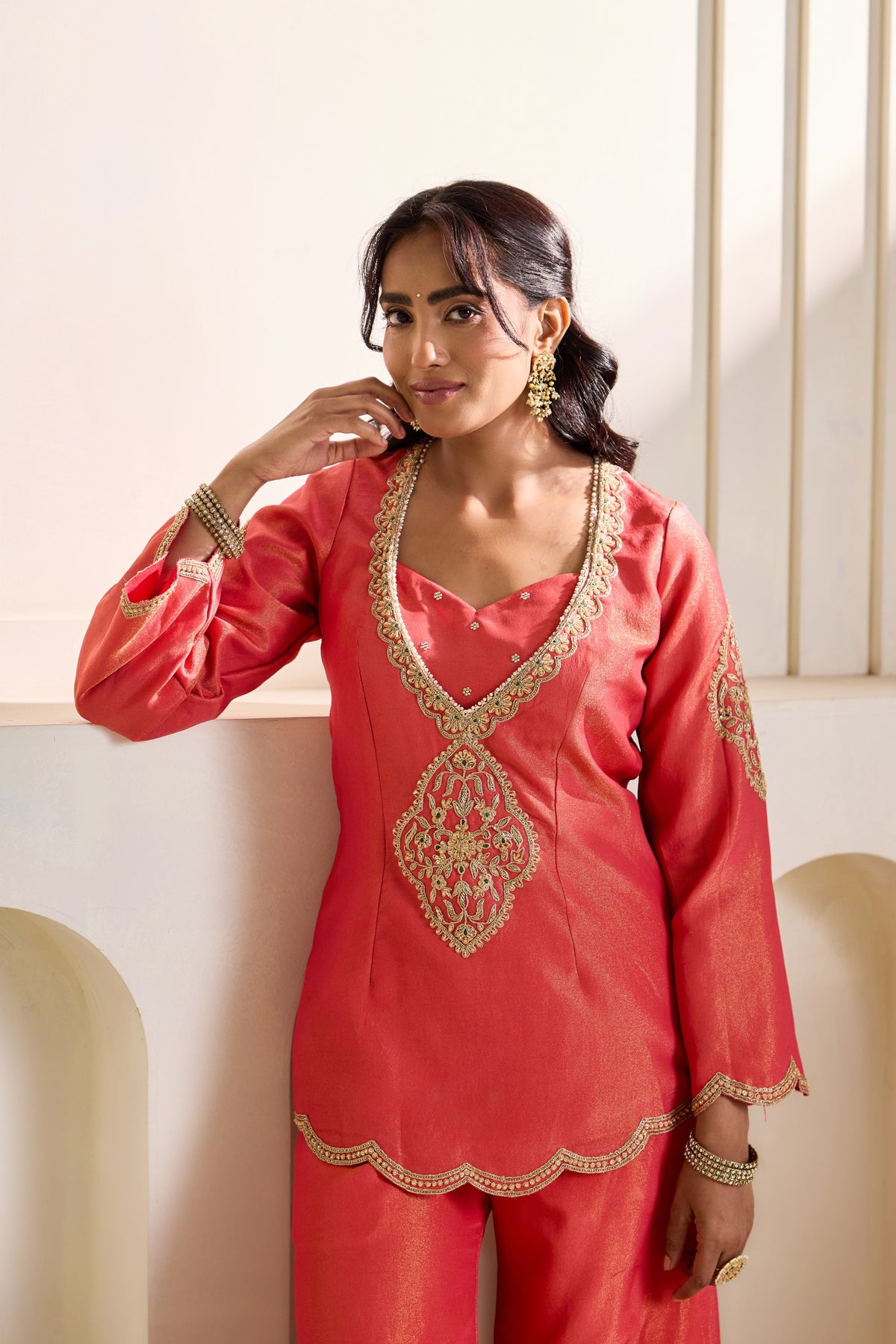 Orange Embroidered Cosmos Kurti, Bustier & Flare Plazo Set