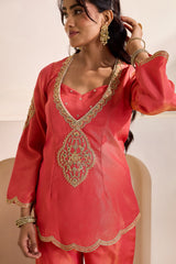 Orange Embroidered Cosmos Kurti, Bustier & Flare Plazo Set