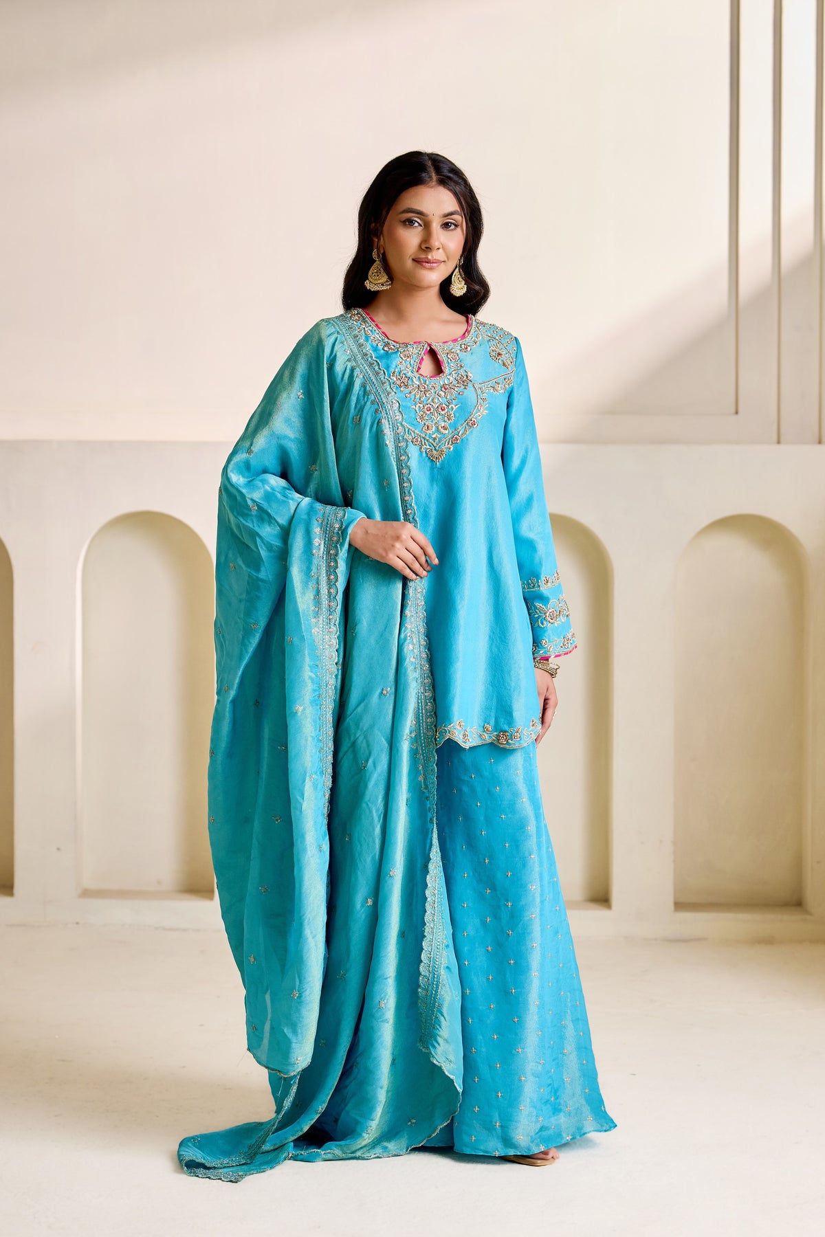 Sky Blue Embroidered Cosmos Kurti & Flared Plazo Set