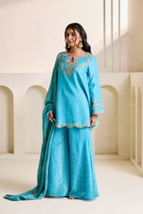 Sky Blue Embroidered Cosmos Kurti & Flared Plazo Set