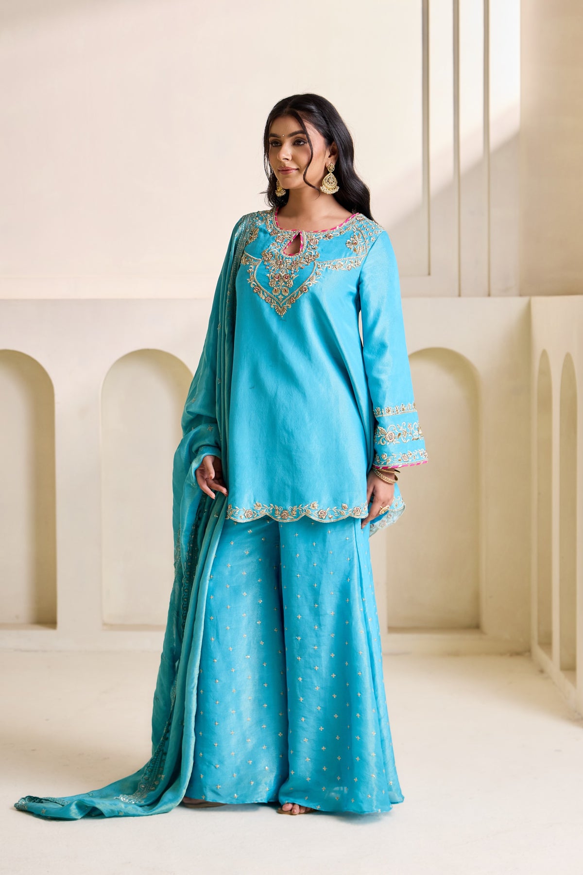 Sky Blue Embroidered Cosmos Kurti & Flared Plazo Set