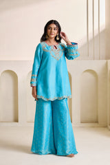 Sky Blue Embroidered Cosmos Kurti & Flared Plazo Set