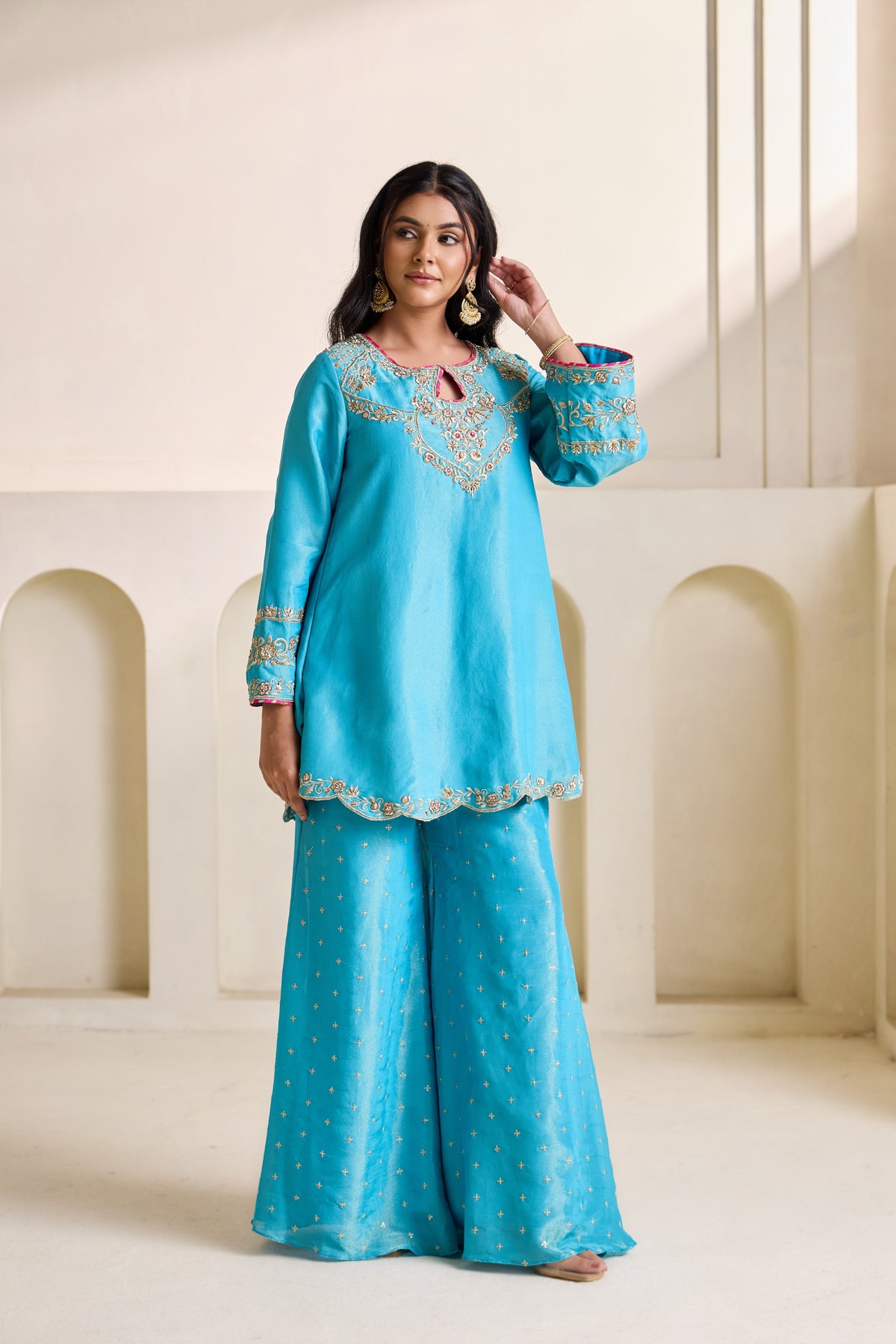 Sky Blue Embroidered Cosmos Kurti & Flared Plazo Set