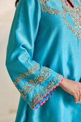Sky Blue Embroidered Cosmos Kurti & Flared Plazo Set