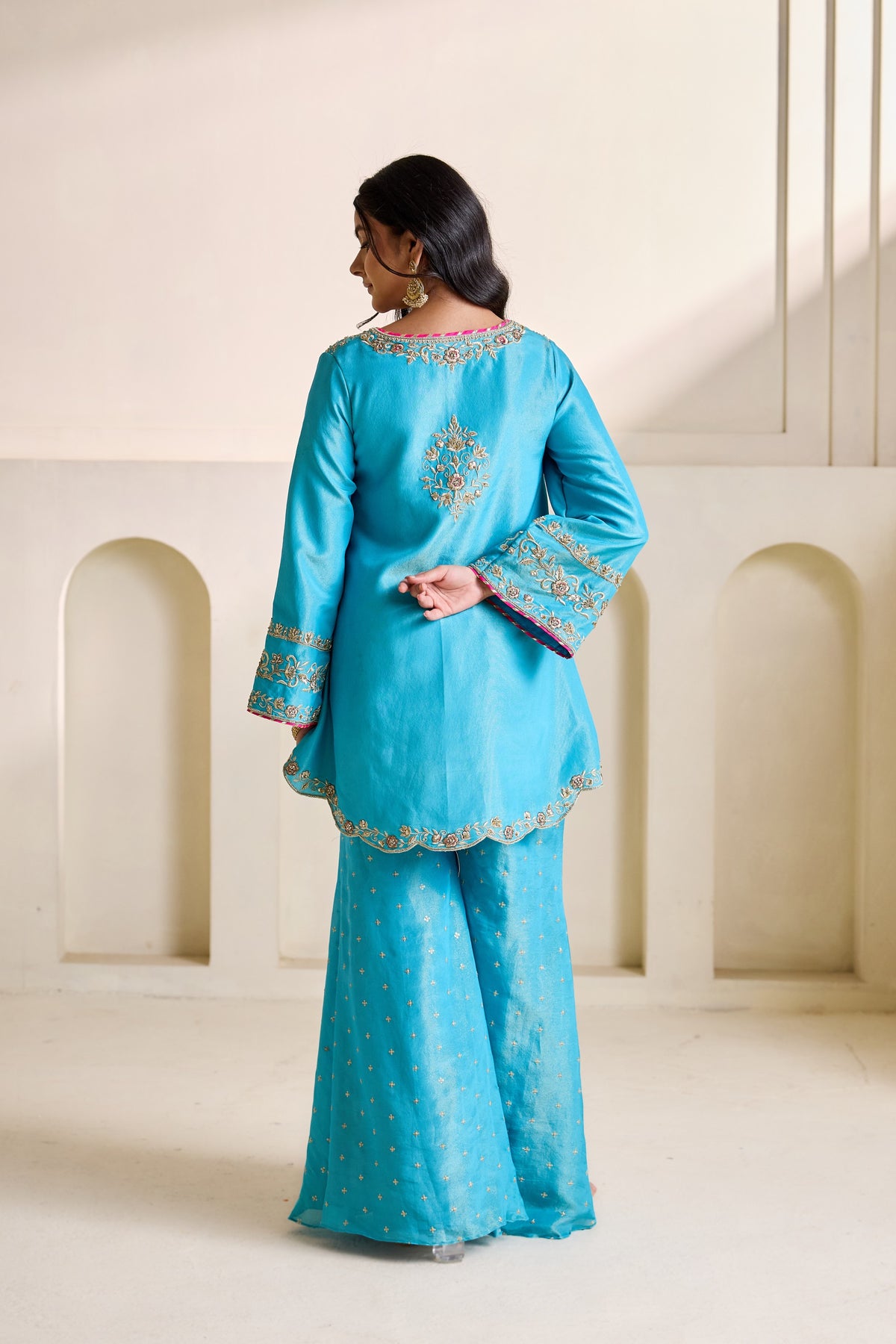 Sky Blue Embroidered Cosmos Kurti & Flared Plazo Set