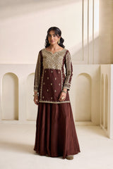 Brown Embroidered Silk Kurti & Sharara Set