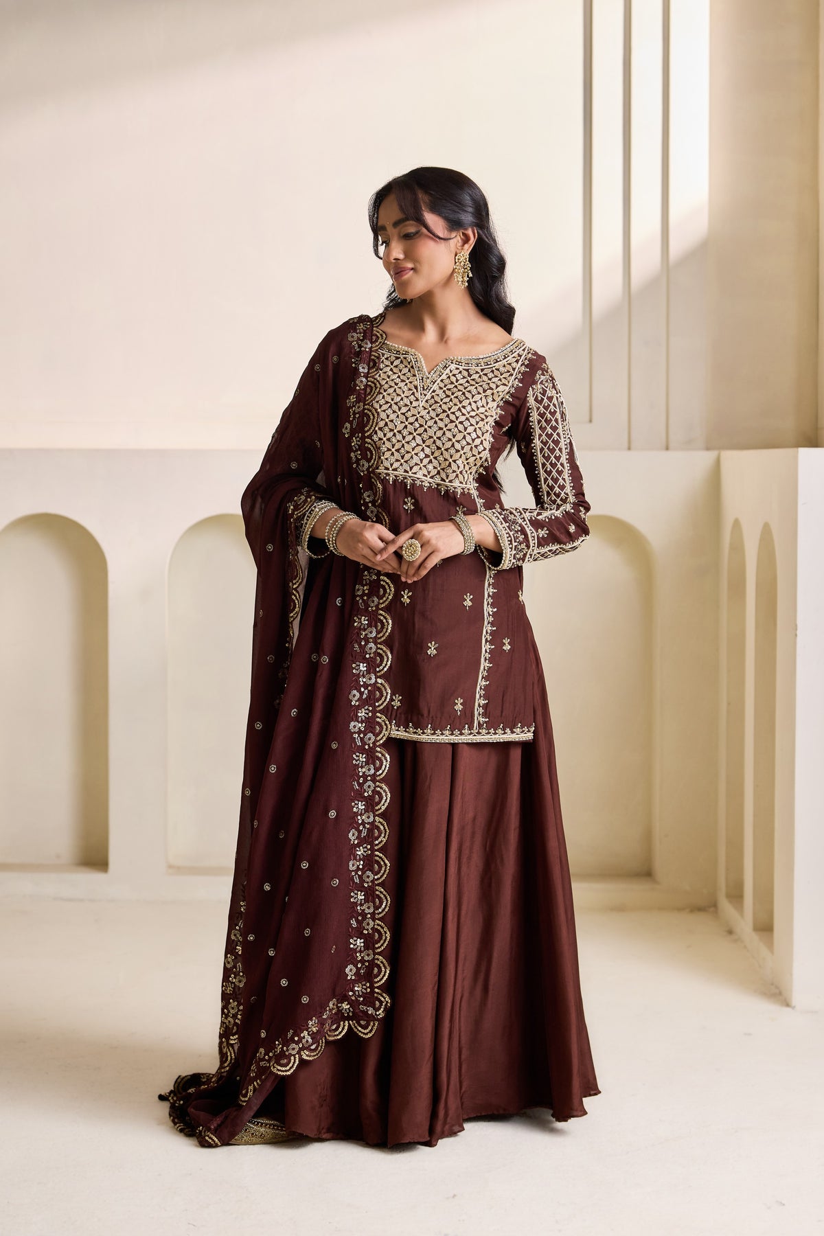 Brown Embroidered Silk Kurti & Sharara Set