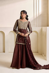 Brown Embroidered Silk Kurti & Sharara Set