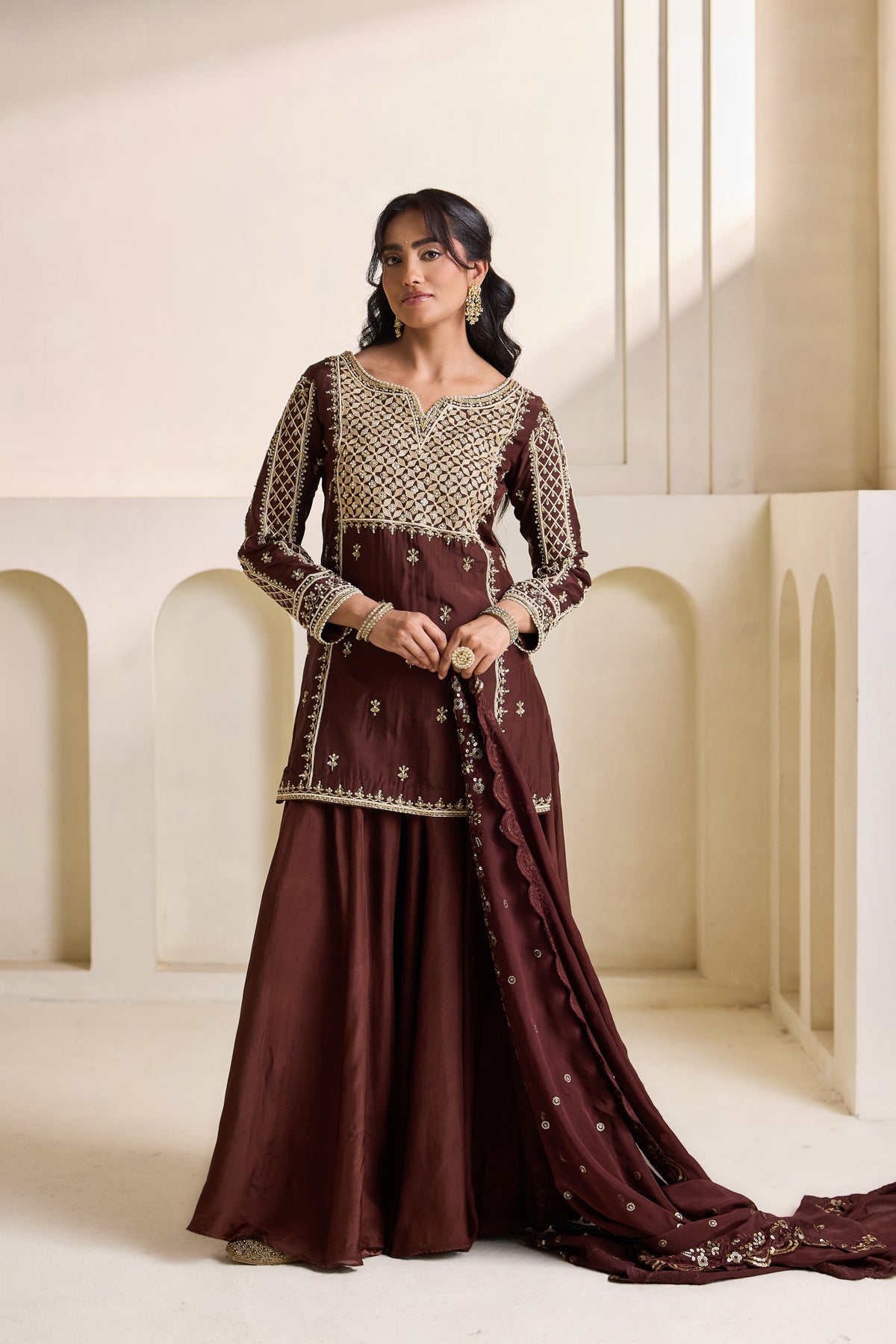 Brown Embroidered Silk Kurti & Sharara Set