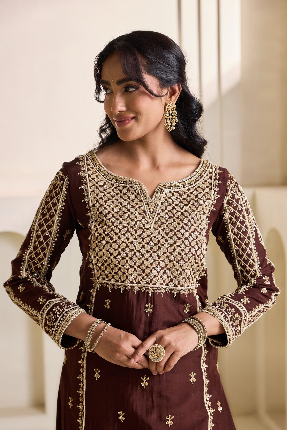 Brown Embroidered Silk Kurti & Sharara Set