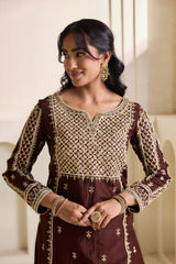 Brown Embroidered Silk Kurti & Sharara Set